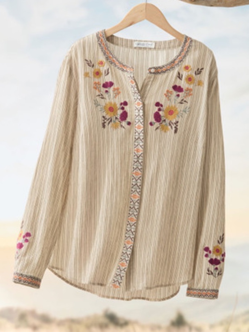VINTAGE COLDWATER CREEK BOHO GAUZY EMBROIDERED BUTTON FRONT SHIRT FLORAL LARGE P